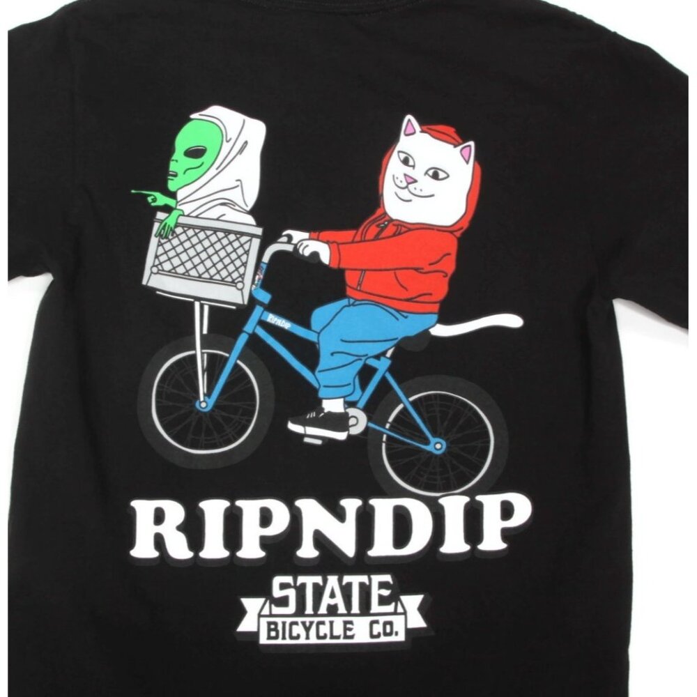 RIPNDIP State Bicycle Co Black ET and Cat on Bike Men's T-Shirt Tee size S /545